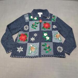 Tiara International Blue Poinsetta Christmas Sweater Vintage Y2K Embroidered